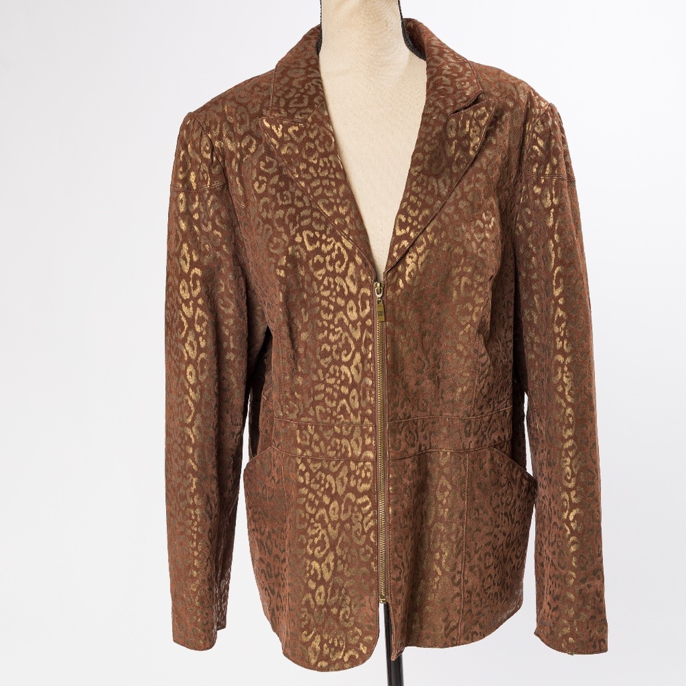 Animal print leather jacket chocolate brown & antique gold Pamela McCoy 1X